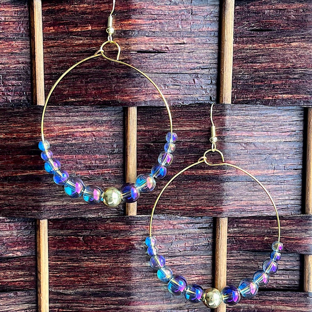 Gold and Rainbow Iridescent Bead Hoop Earrings